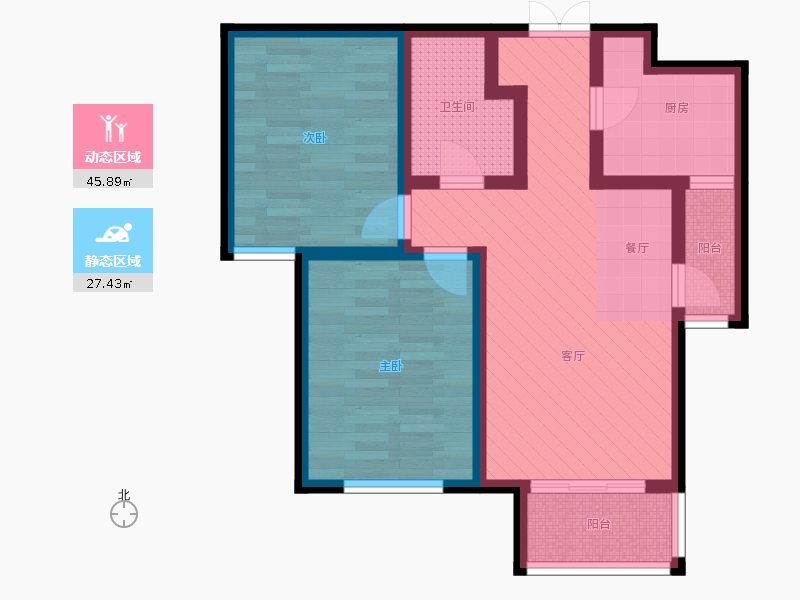 瀚唐2室2廳1衛(wèi)0廚89.00㎡動靜分區(qū)圖