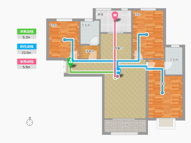 瀚唐3室2廳2衛(wèi)1廚126.00㎡動線圖