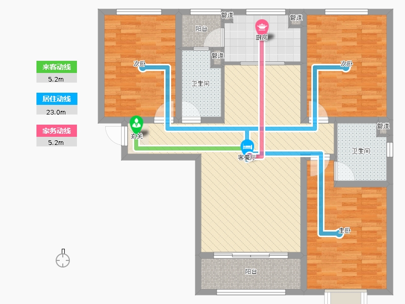 瀚唐3室2廳2衛(wèi)1廚137.00㎡動(dòng)線圖