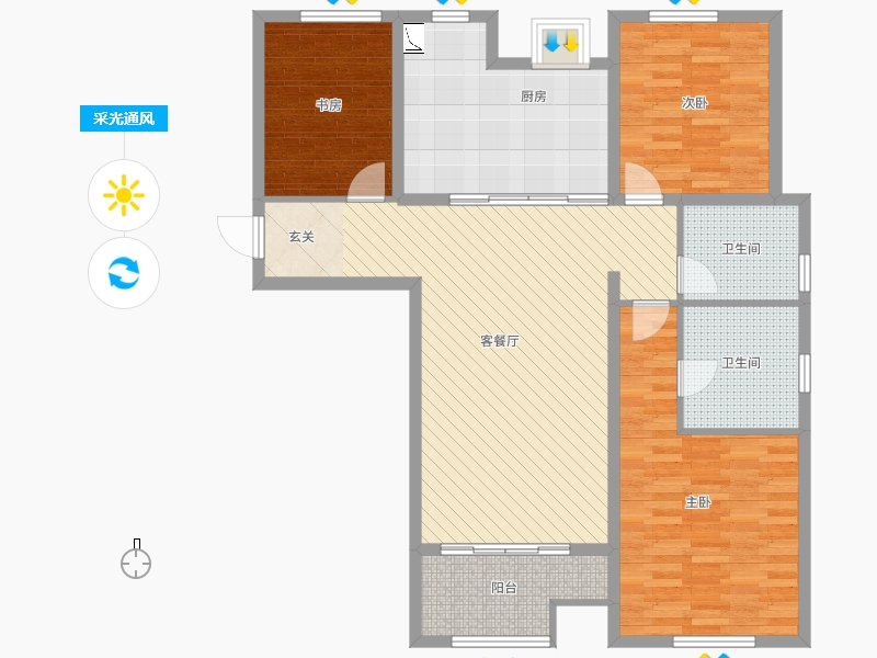 林蔭大院3室2廳2衛(wèi)1廚136.00㎡采光通風(fēng)圖