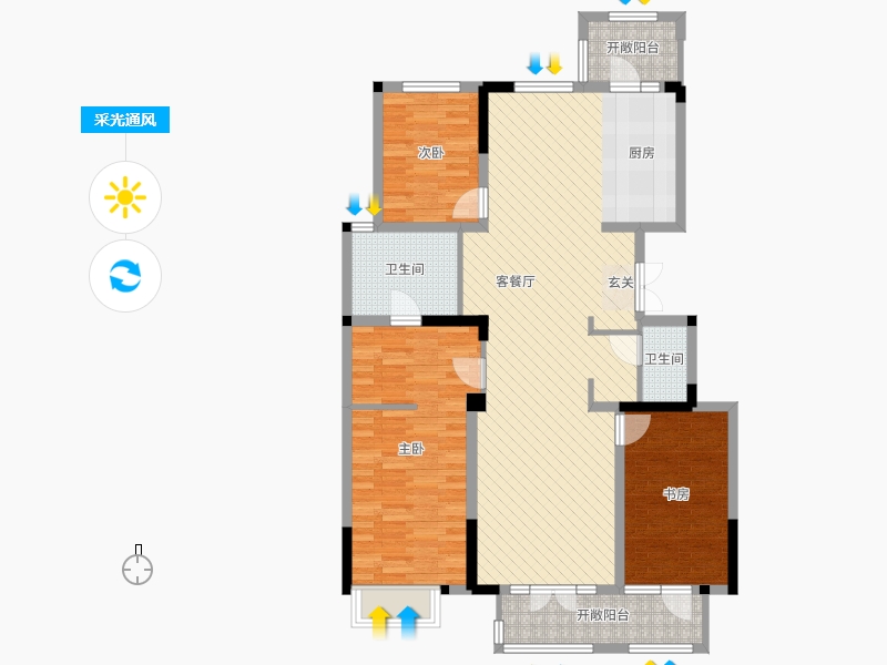 阿爾卡迪亞榮盛城3室2廳2衛(wèi)1廚144.00㎡采光通風(fēng)圖