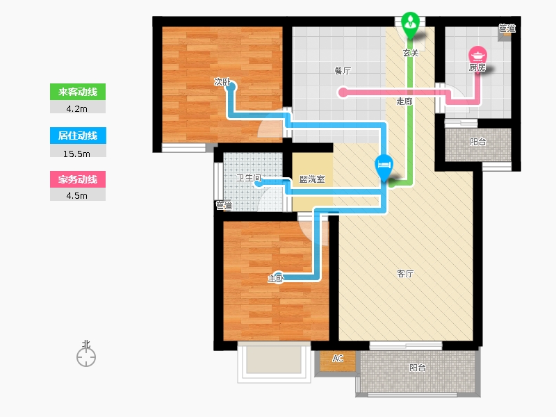 弘石灣2室2廳1衛(wèi)1廚90.00㎡動線圖