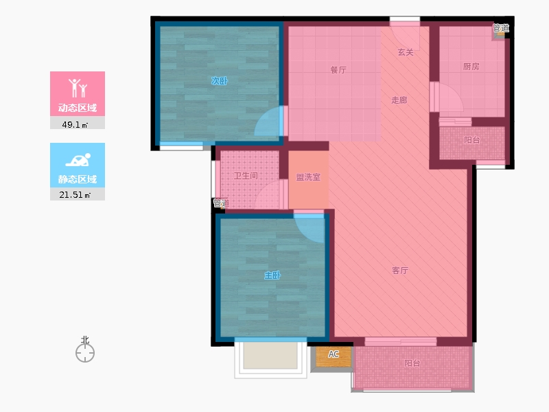 弘石灣2室2廳1衛(wèi)1廚90.00㎡動靜分區(qū)圖