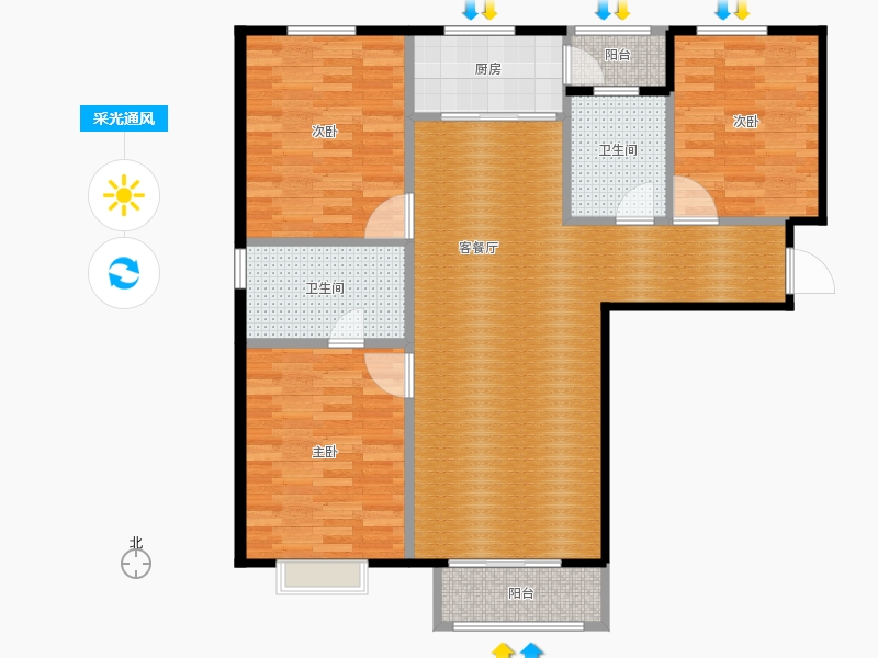 弘石灣3室2廳2衛(wèi)1廚138.00㎡采光通風(fēng)圖