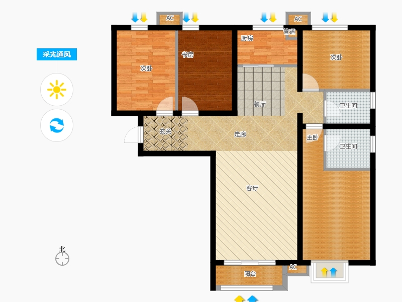 弘石灣4室2廳2衛(wèi)1廚149.00㎡采光通風(fēng)圖