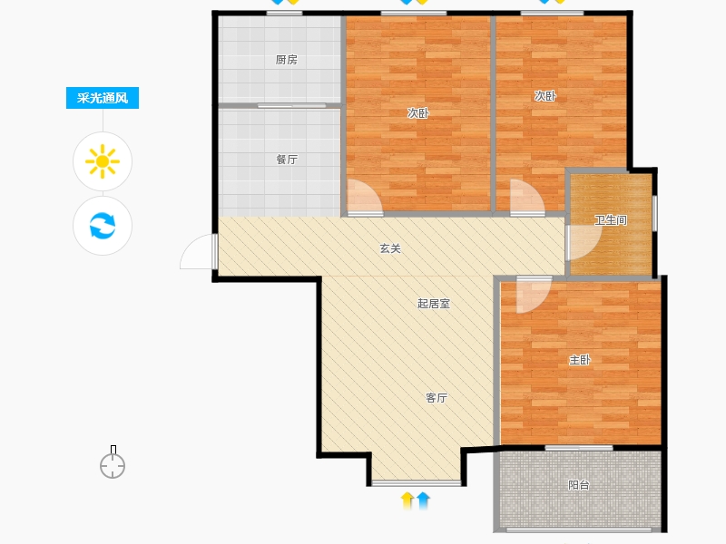 雨荷水岸3室2廳1衛(wèi)1廚104.00㎡采光通風(fēng)圖