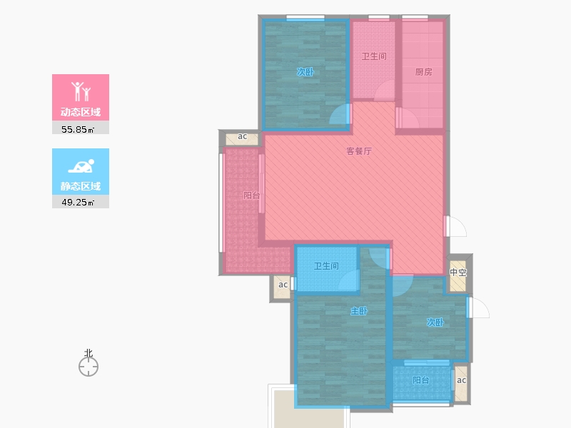 盛世御城3室1廳2衛(wèi)1廚125㎡動靜分區(qū)圖