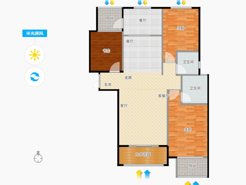 鑫界9號院3室2廳2衛(wèi)0廚121㎡采光通風(fēng)圖