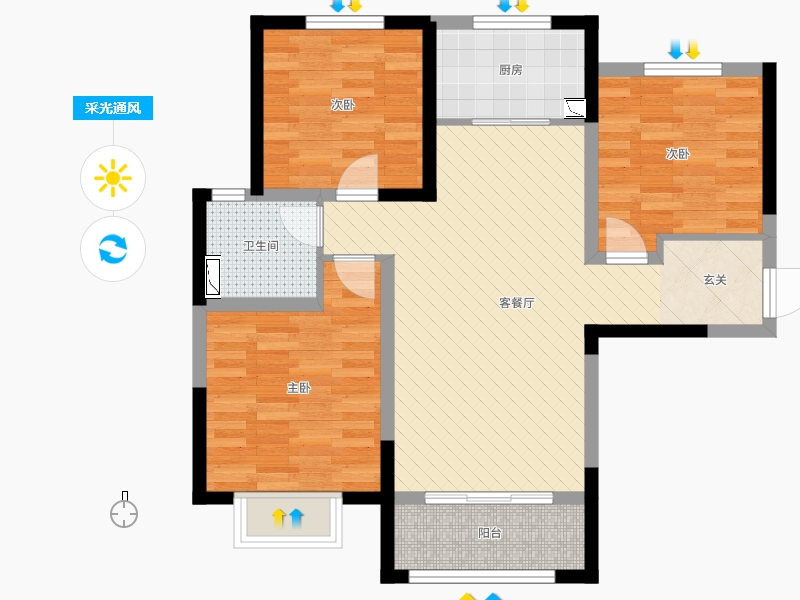 保利西悅春天3室2廳1衛(wèi)1廚109㎡采光通風圖