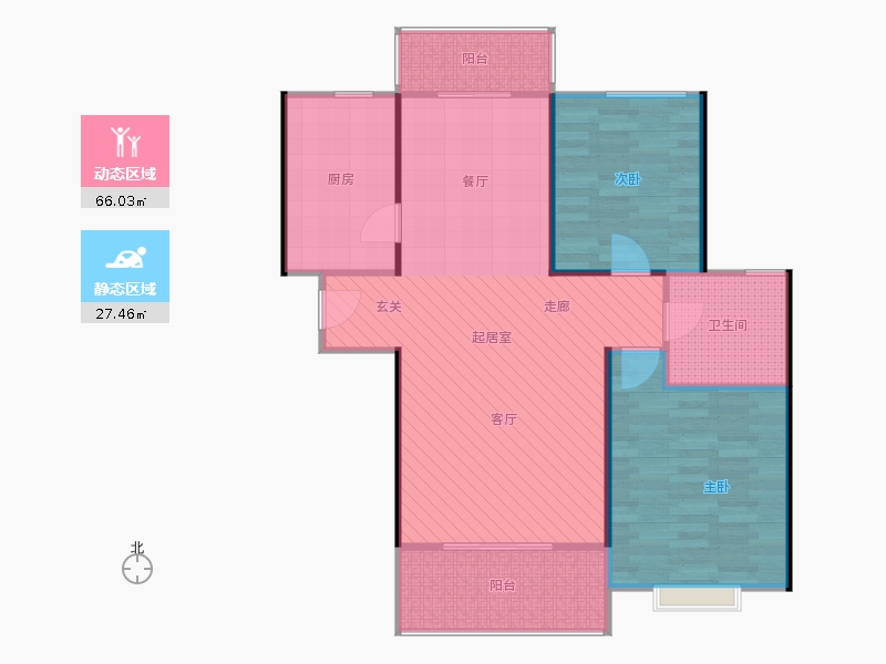 橡嶸灣2室2廳1衛(wèi)1廚95㎡動(dòng)靜分區(qū)圖